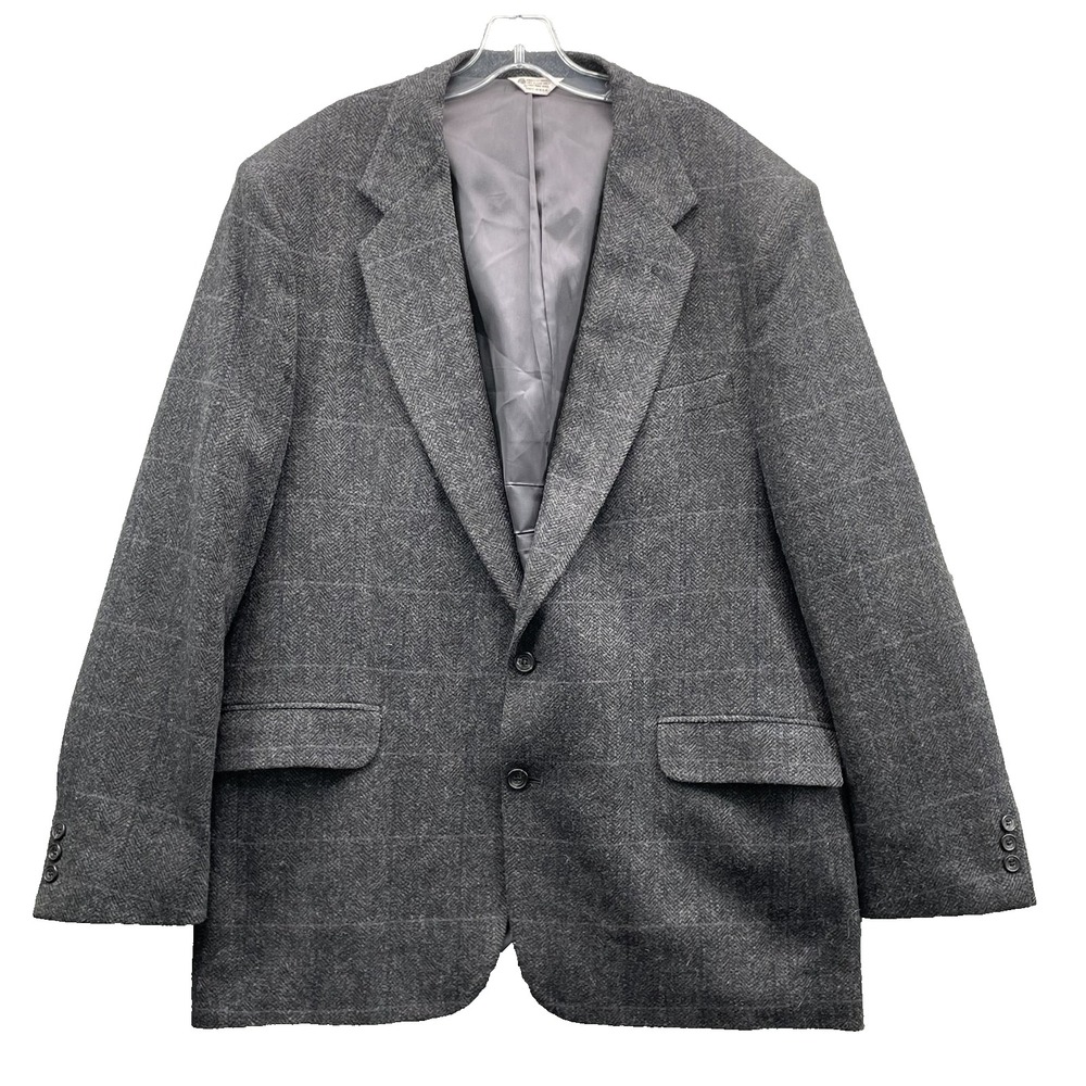 Vintage 100% Wool Blazer Mens 48L Plaid Business Academia Office Made in USA 90s